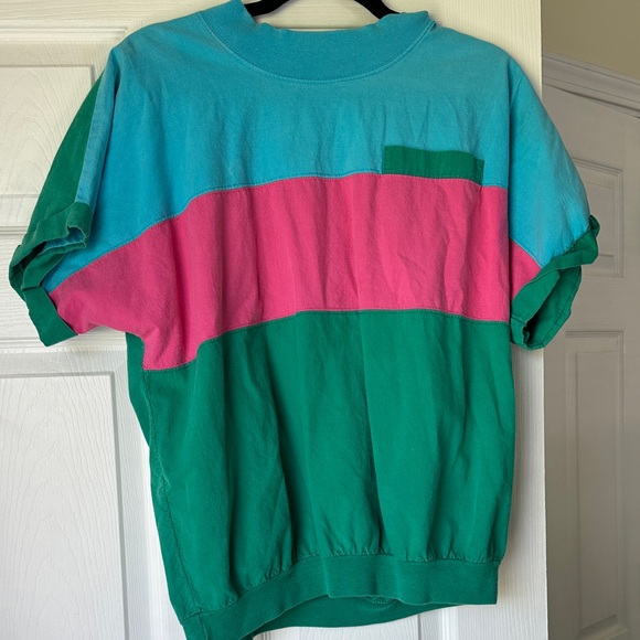 sk sport Tops - Vintage SK Sport Colorblock Crewneck T-Shirt - Teal, Pink & Green